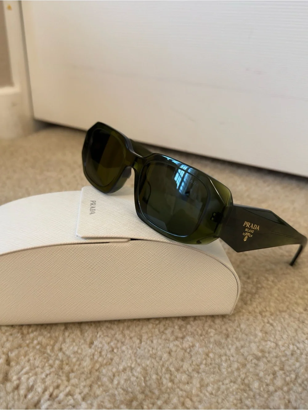 PRADA SPR 17W-F Rectangle Sunglasses Green Frame/Green Tinted Lenses UV400